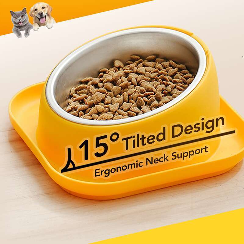 DHpet Tilted Angle Dog Bowl 15° Slanted Stainless Steel Dog Cat Food Bowl Water Bowl Non-Spill Safeguard Neck for Dogs Cats & Pets