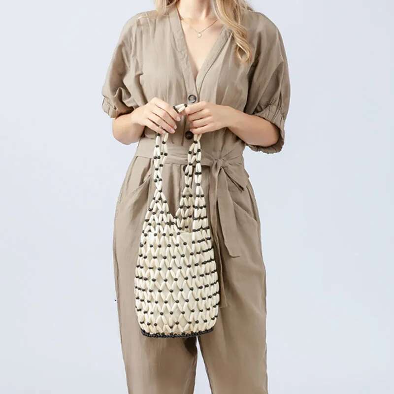 Large Capacity Wooden Bead Women Bucket 2025 New Handmade Woven Shoulder Vacation Beach Bag
