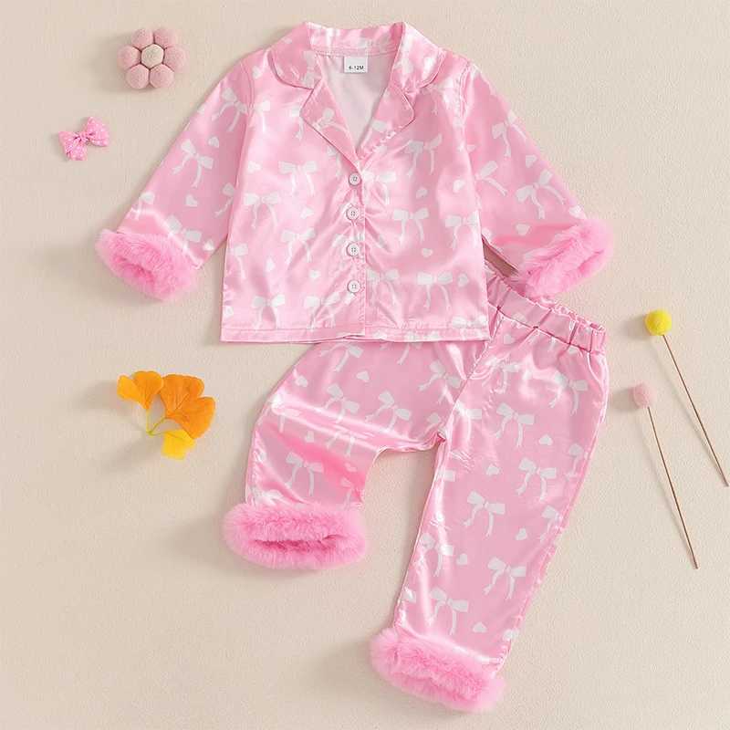 Preschool girl sleepwear Valentines Day baby silk satin night light little girl Pjs button 2-piece sleepwear set M250306