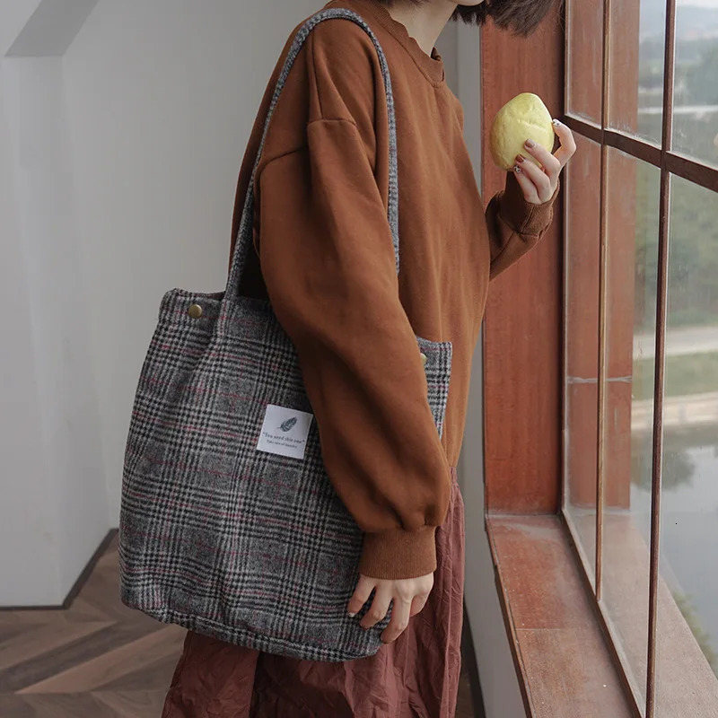 Women Woolen Canvas Shoulder Bag Cotton Cloth Handbags Checked Pattern Tote Soft Fabric Large Capacity Shopping Bags For Ladies 250306