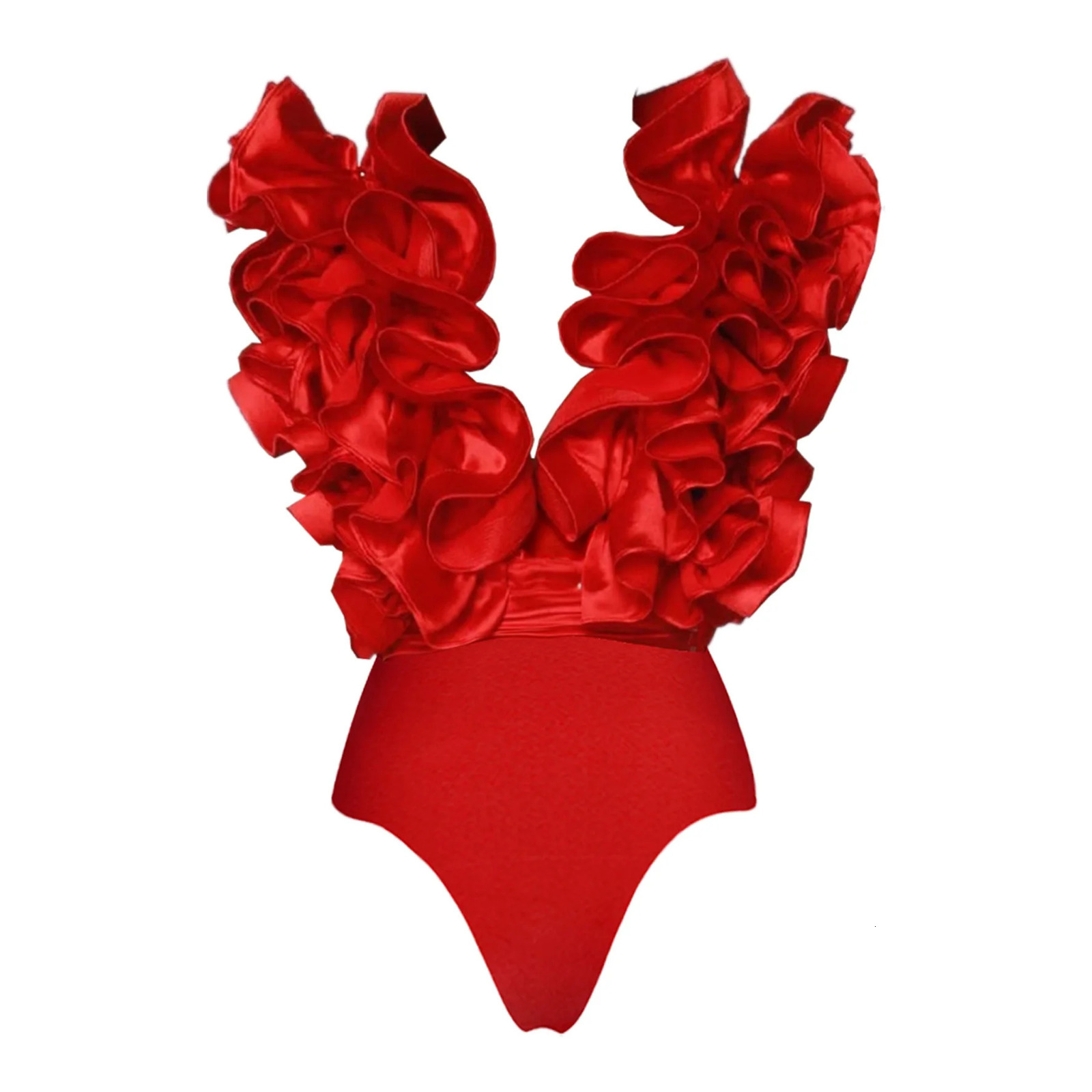 Solid Red Flower One Piece Swimsuit y Women Swimwear Sexy Swim Suit Deep V Monokini Off Shoulder Bodysuit Bathingsuit 250306