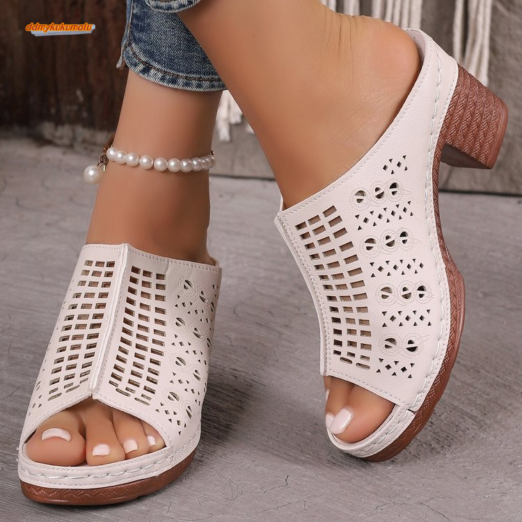 Printed Hollow Middle Heel Height Increasing Wind Fish Mouth Beach Sandals 2025 Summer New Shake Line Shoes #ddmykukumalu