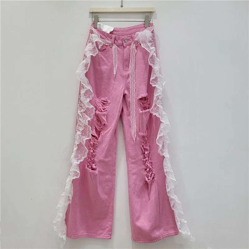 DEAT Women's Fashion Straight Broken Holes Denim Pants Spring New Female Long Wide Leg Lace Wer Edge Jeans Trendy 11A03111