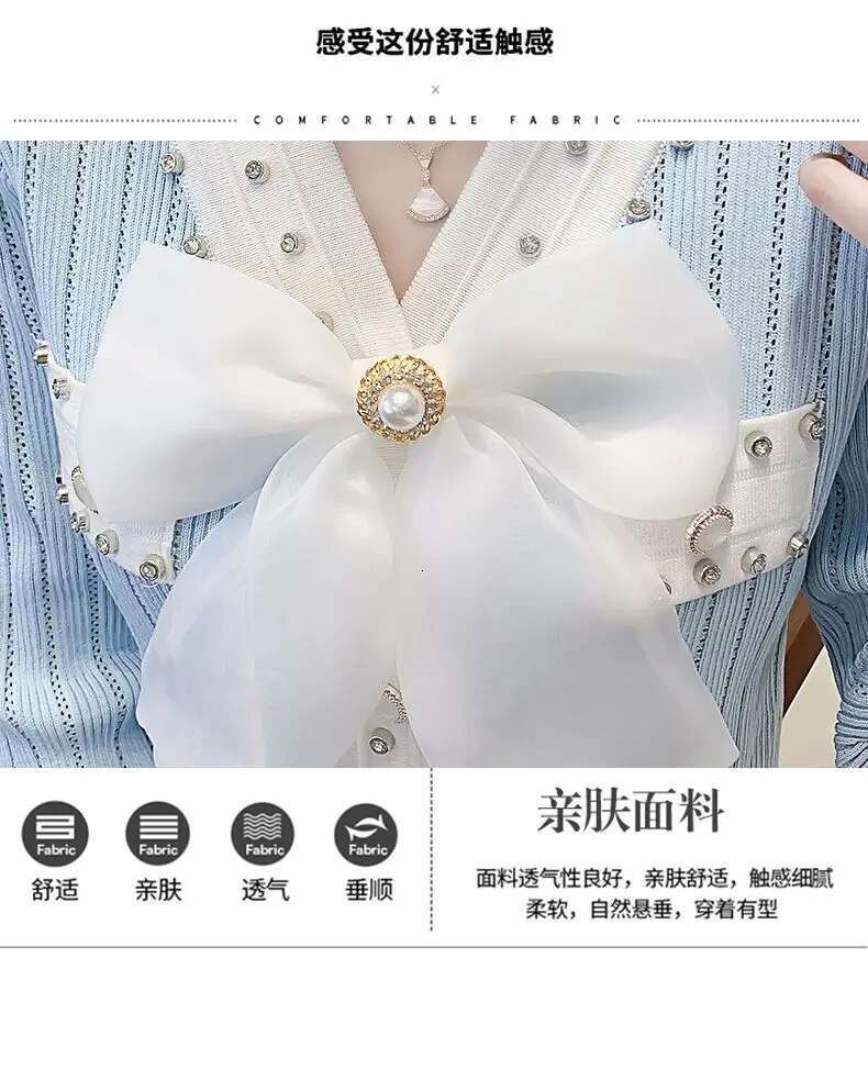 Xiaoxiangfeng Heavy Industry Nail Dia V-Neck Mesh Bow Top Women's And Fashionable Knitted Sweater