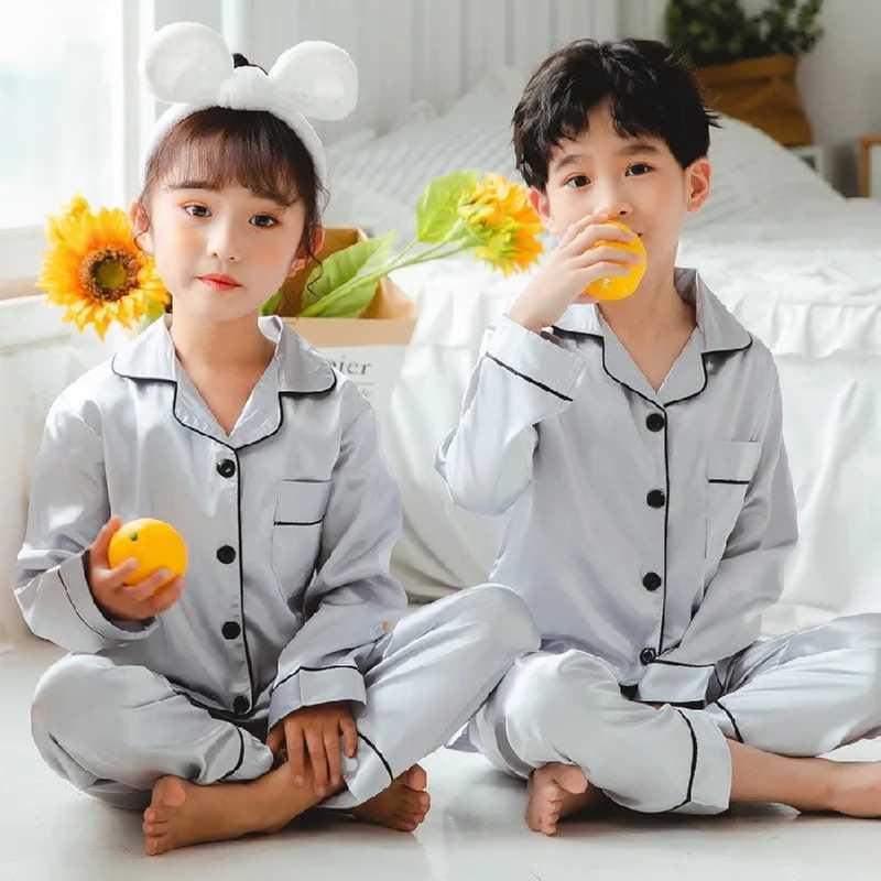 Button Spring Summer Pajama Childrens Satin Pajama Set Childrens Girls Silk Long Sleeve 2-piece Top+Pants M250306