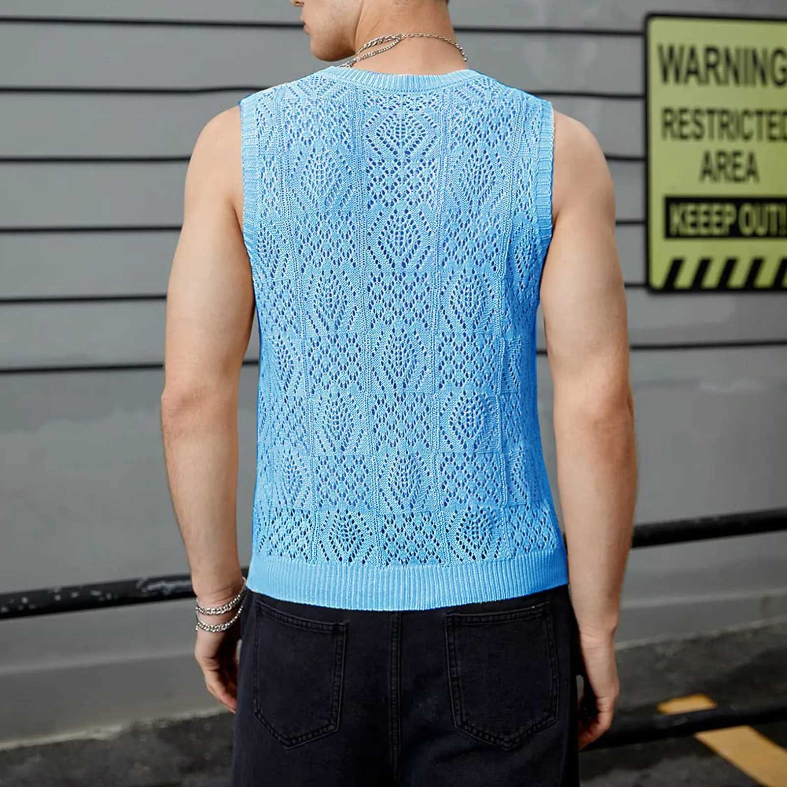 Beach Tops For Men MenS Knitted Hollowed Out Vest Crew Neck Sleeveless Male Clothes With Designs Camiseta Sin Mangas HombreT250318