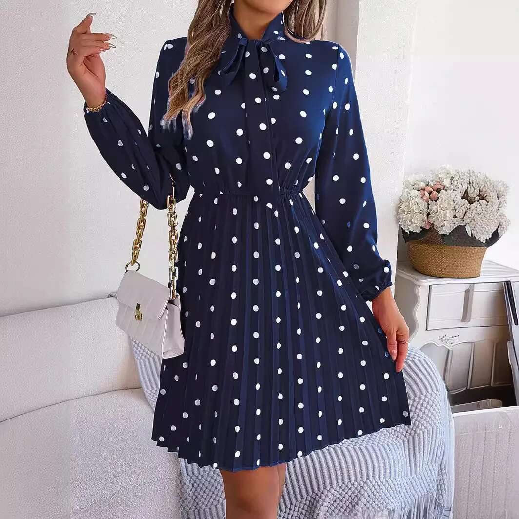 2025 Spring Summer Women's Polka Dot Lace-Up Waist Tuck Long-Sleeved Pleated Dress For Women Elegant Office Laides Dresses