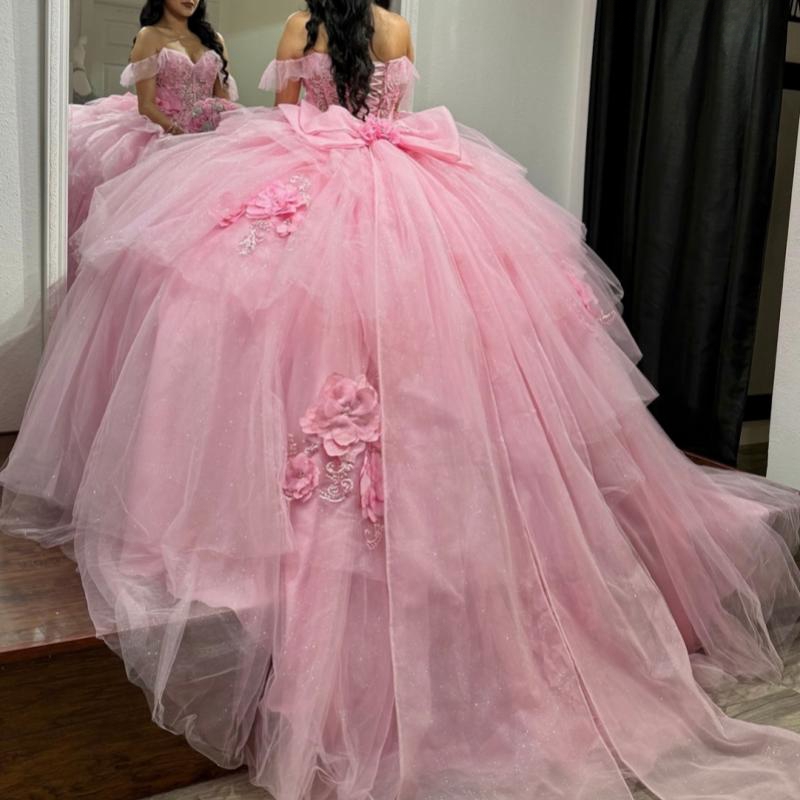 Pink Shiny Quinceanera Dresses Ball Gown Off Shoulder Applique Flower Bow Beading Tull Corset Sweet 16 Dress Vestidos 15 De Anos