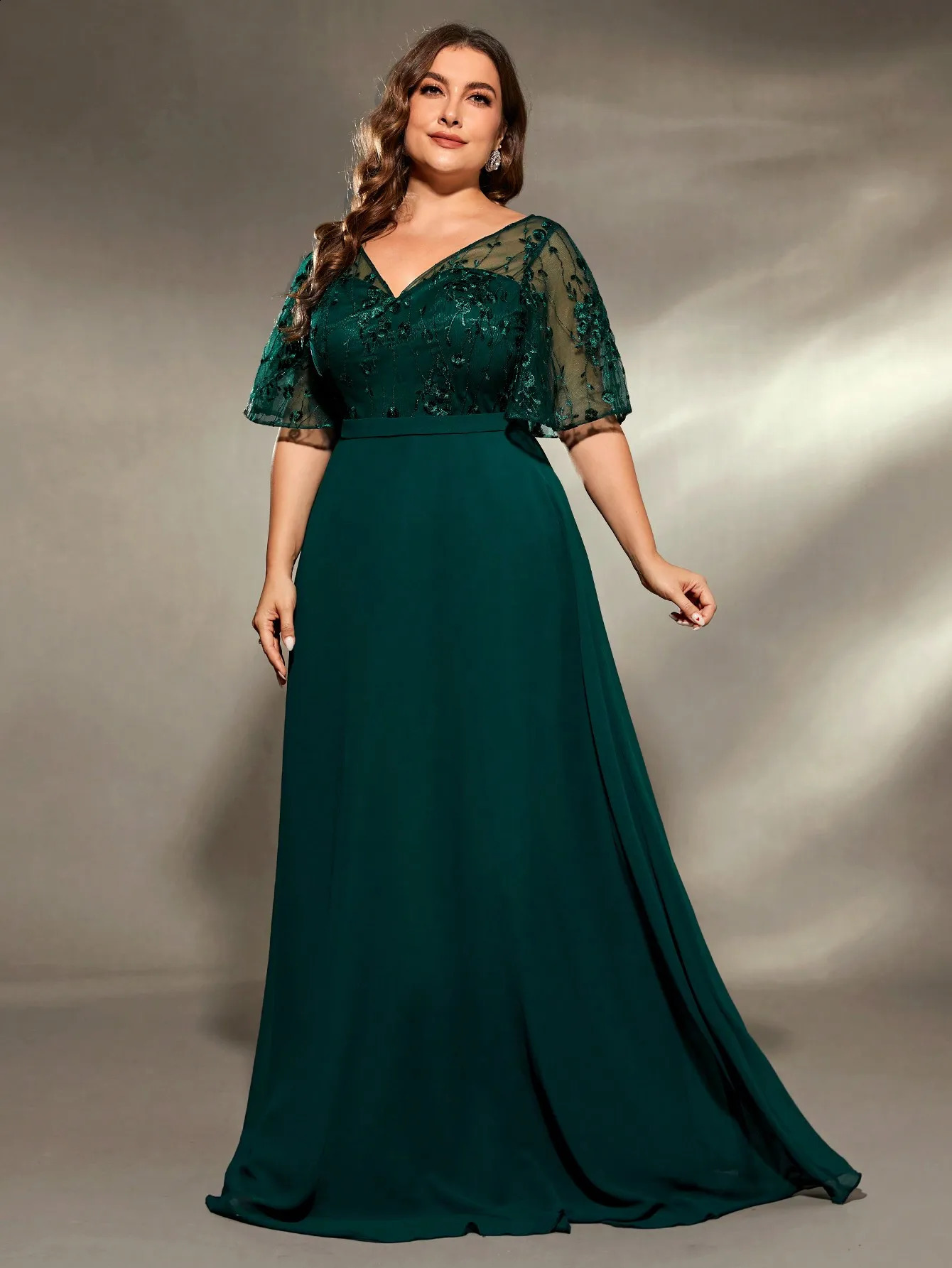 Mgiacy plus size Vneck Seethrough trumpet sleeve embroidered chiffon full skirt Evening gown Ball dress Party 250526