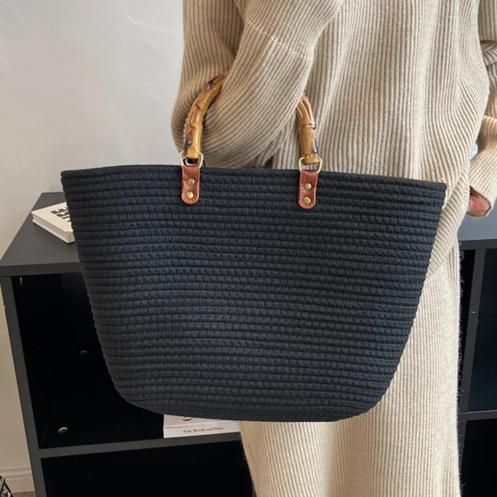 Womens Woven Tote Bamboo Handle Shopping Tote Bag Large Capacity Striped Handbag Casual Fashion Exquisite Clutch Beach Bag 250306