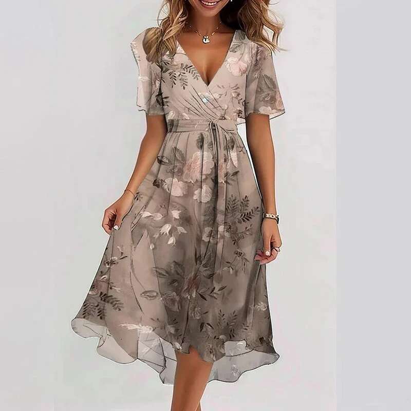 Spring Ral Print Chiffon Women Elegant V Neck Draped A-E Party Dress Summer Short Sleeve High-Waist Office Dresses