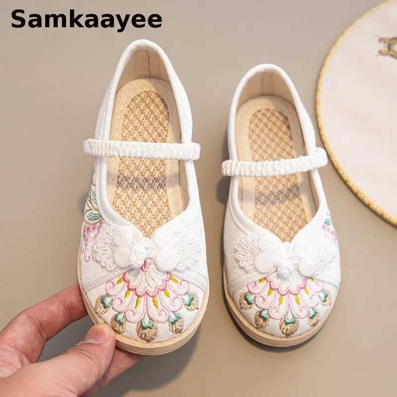 3-18y Girls Embroider Shoes Spring Autumn Children Flats Kids Old Beijing Cloth Shoes Casual Toddler Soft Chinese Style LoafersT250306