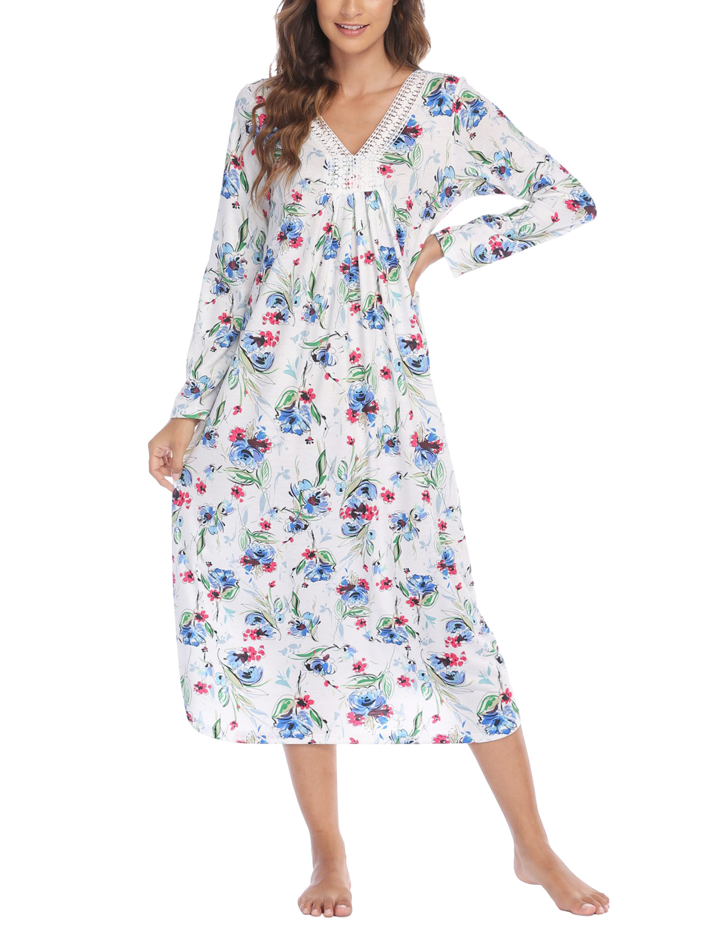 X147-Winter beauty ladies nightdress imitation cotton printed lace splicing V-neck long-sleeved long dress home clothes pajamas women