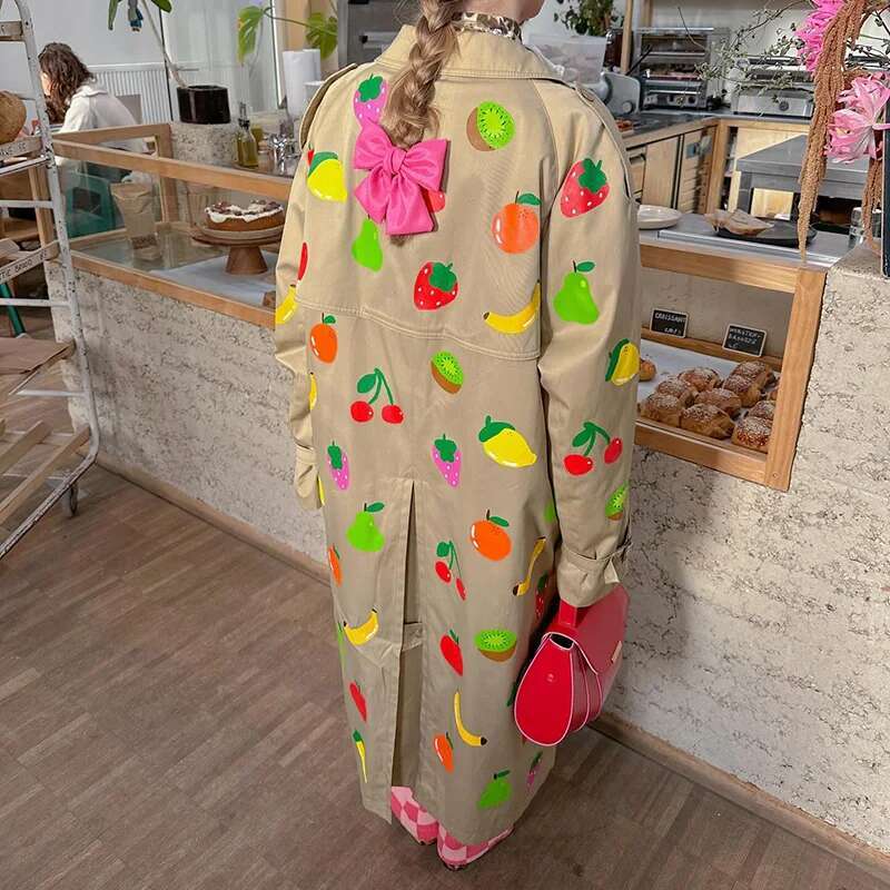 Autumn Winter Jacket Fruit Print Long Sleeve Trench Coat Niche Design Button Warm Overcoat 2024 High Street Lady Outerwear
