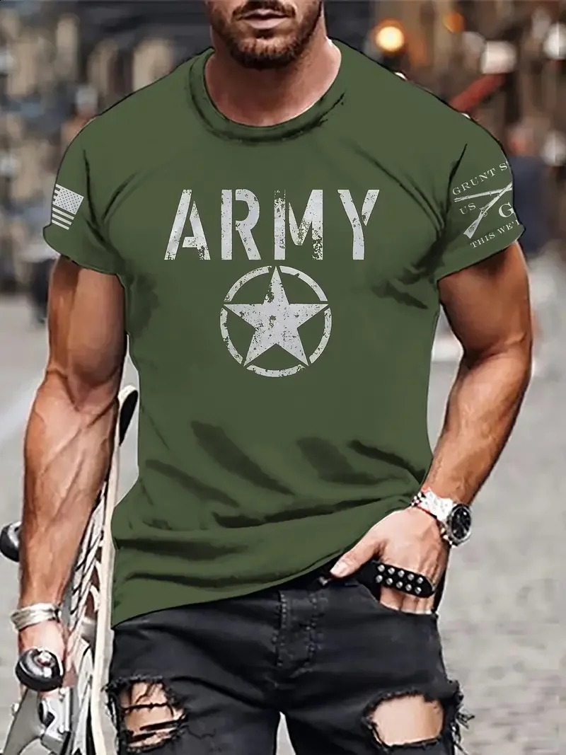 Summer Mens TShirt Casual Short Sleeve Tee Army Pattern Print Oversized Clothing Fashion Streetwear Outdoor Crew Neck Tops 250227Z