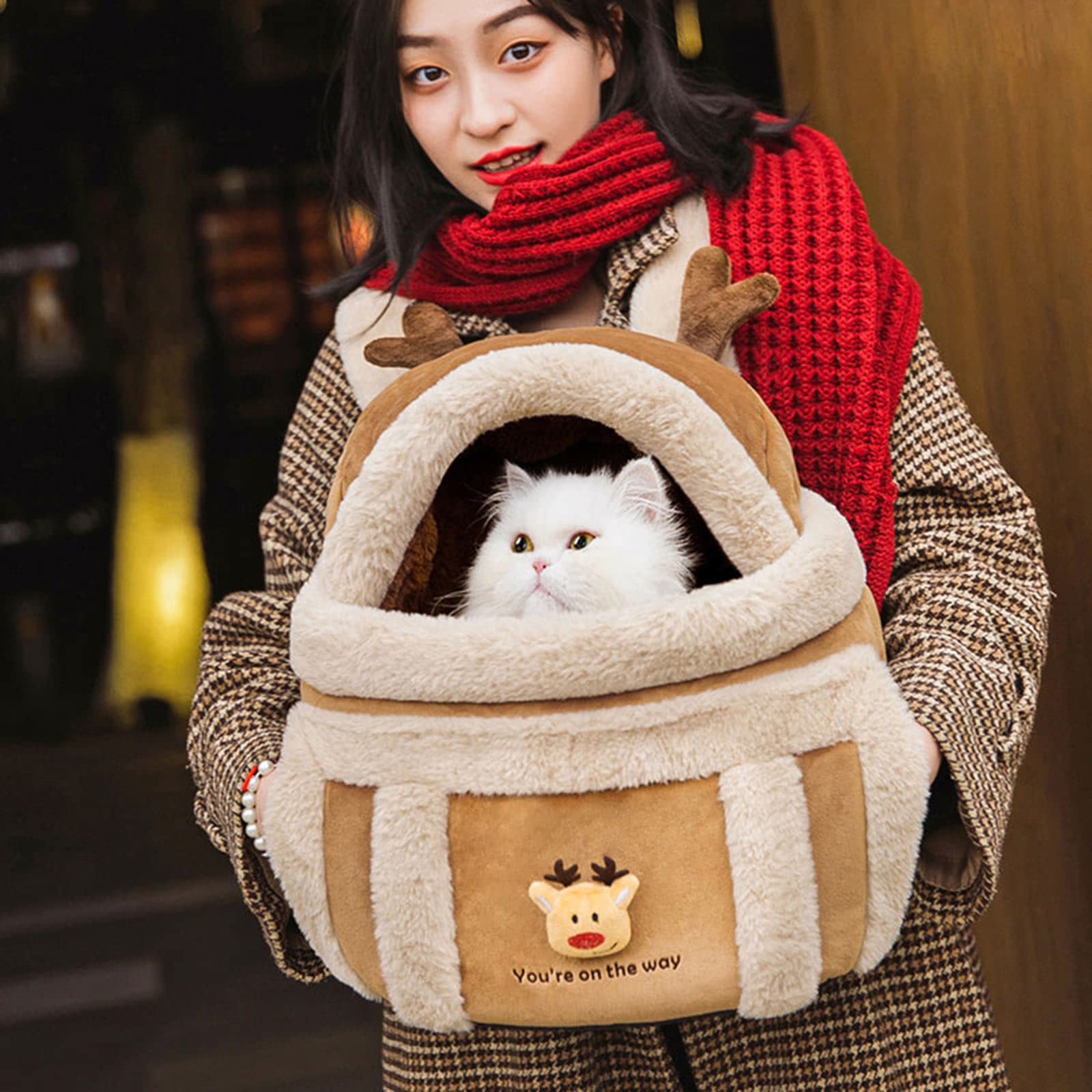 Carrier Bag Cat Backpack Carrier Dog Travel Bag Pet Winter Outdoor Carriers Plush Reindeer Bag with Hand Warmers