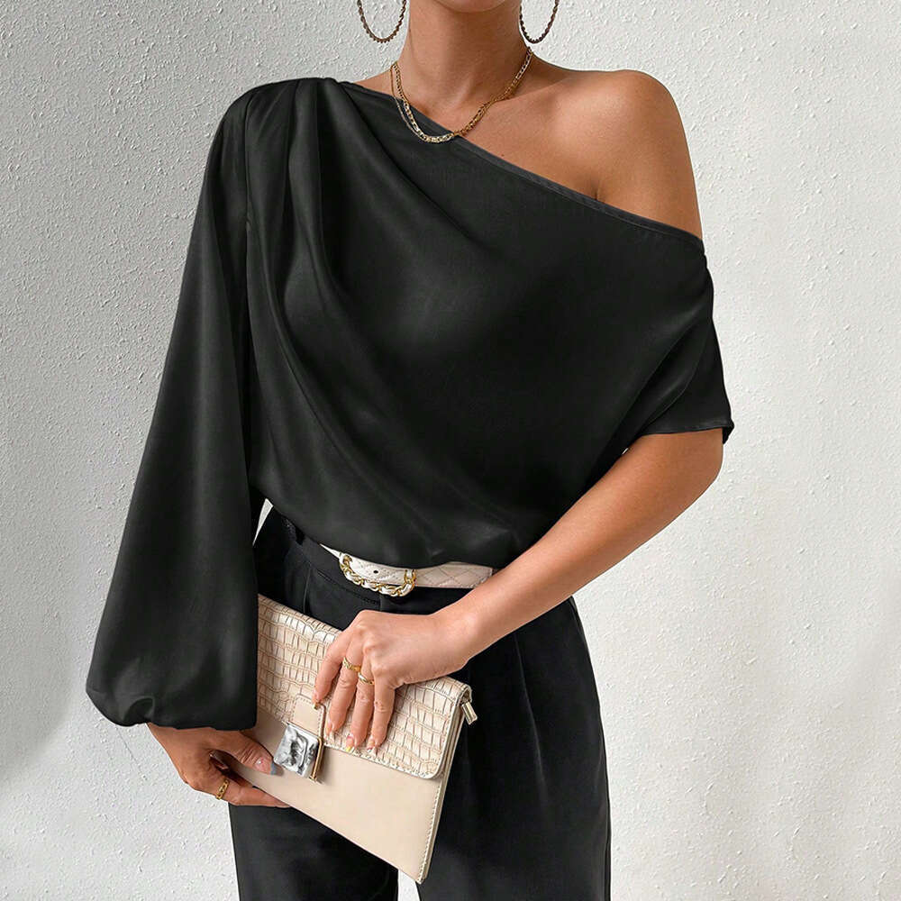 Women's Clothing Autumn And Winter Temperament Slanted Long Sleeved Sexy Off Shoulder Loose Neck Design Top KLMY