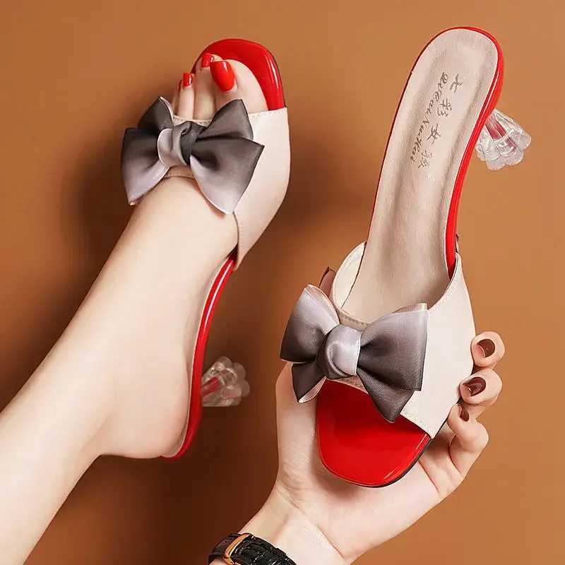 Wenfei Summer Crystal Sandals Rhine Bow Lace Open Toe Designer Square Slider Womens Beach Slider Y250306