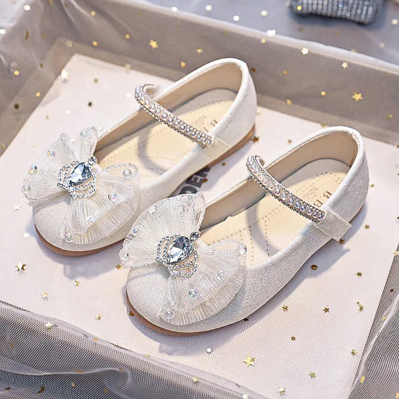Girls Mary Jane Shoes with Bow-knot Fashion Kids Pearls Crown Princess Shoes for Party Wedding Children Leather ShoesT250306