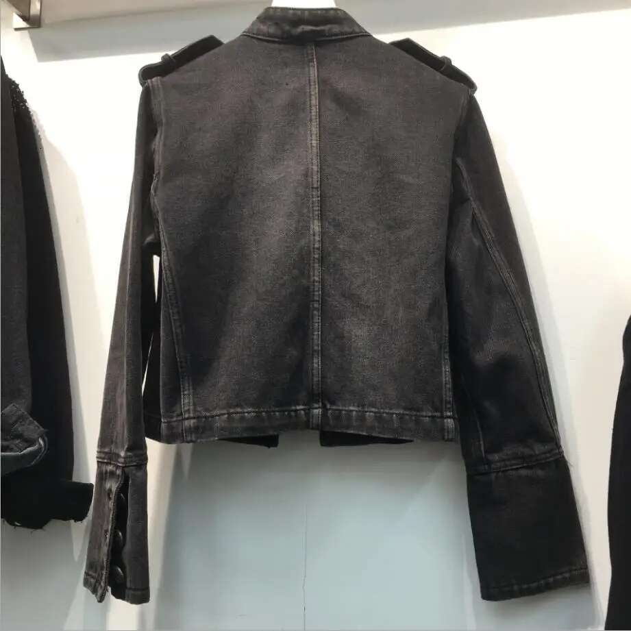 Retro Military Style Handsome Stand Collar Female Double-Breasted Old Wild Slim Short Denim Jackets Outerwear