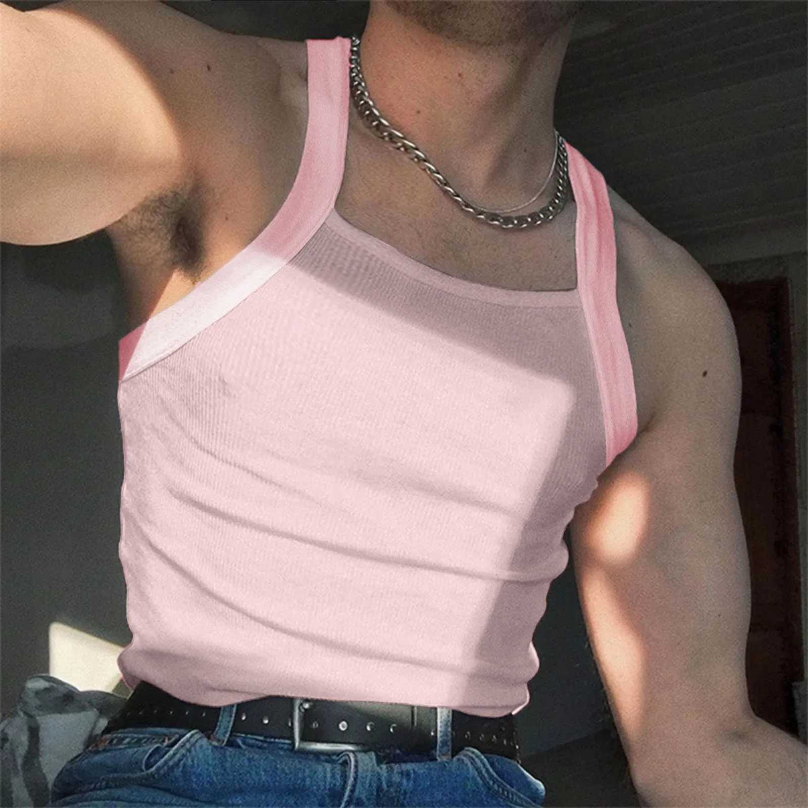 Mens Long Sleeve Shirts Male Camisole Sleeveless Vest Solid Color Sexy Off Shoulder Striped Nightclub Bodybuilding Tops for MenT250318
