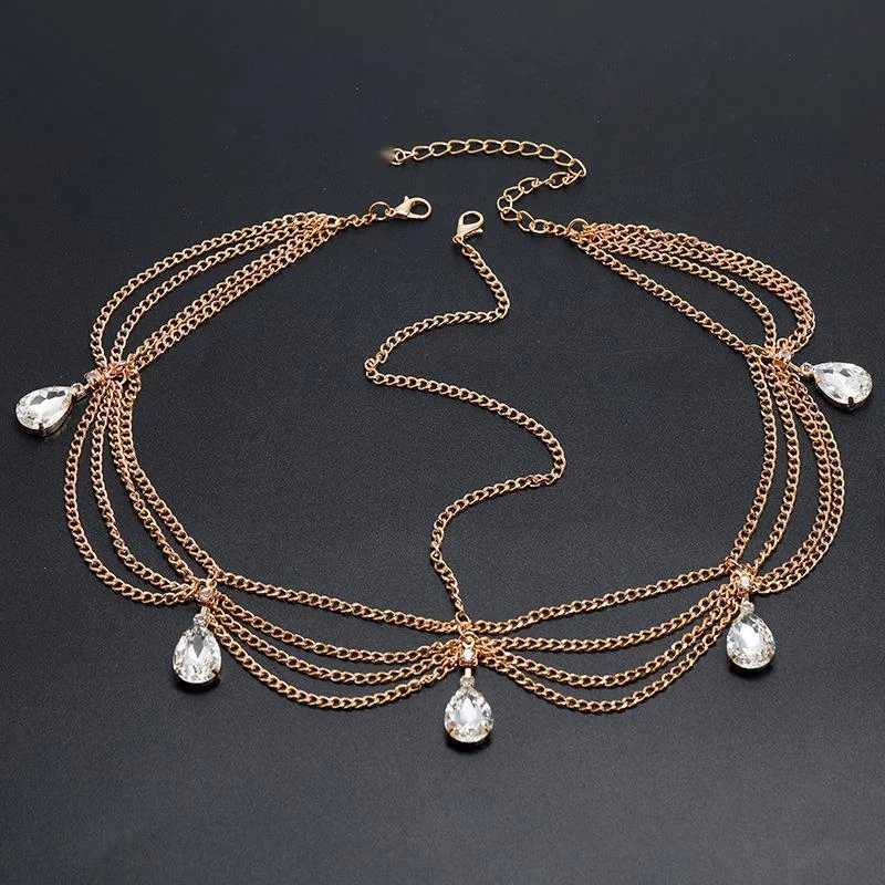 Indian Bride Jewelry Fashion Elegant Mti-layer Gold Color Chain Crystal Water Droplet Tassel Chain Bridal dress X250306