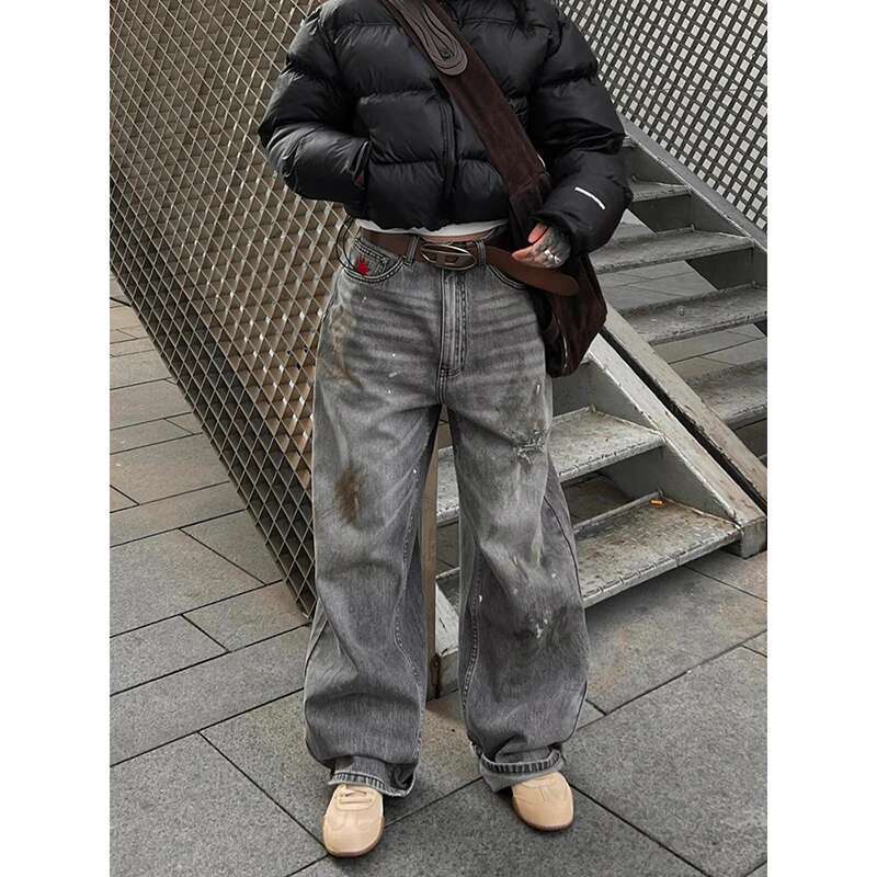 2025 Spring Woman Vintage Waist Wide Leg Jeans Female High Street Y2k 2000S Casual Pants Gray Loose Cargo Denim Trouserse