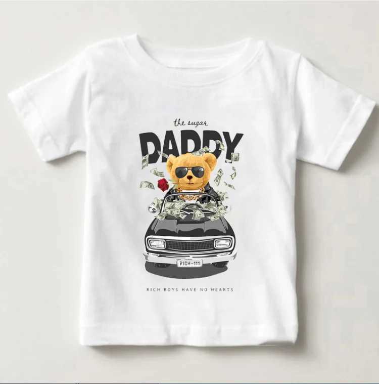 Cute Bear Riding Car Print Boys And Girls White T-shirt Childrens Summer Harajuku Kawaii Funny Baby Y2K ClothesT250306