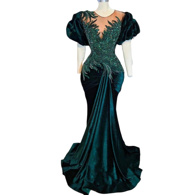 Dark Green Velvet Mermaid Prom Dresses Beaded Aso Ebi Arabic African Pageant Dress 2025 Puff Short Sleeves Long Evening Gown