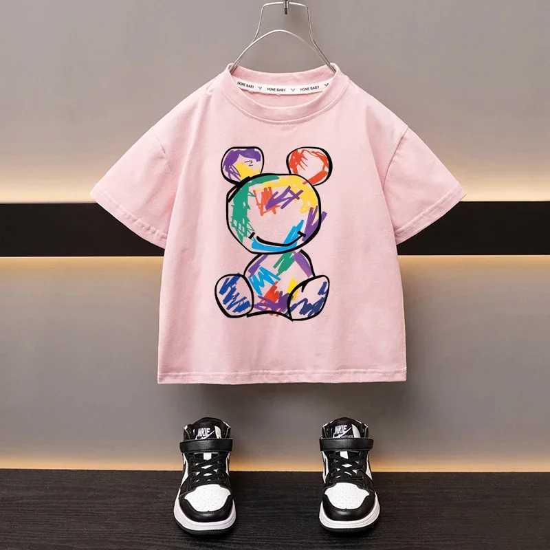 Boys Cotton T-shirt Cartoon Graffiti Bear Printed Girls Tees Summer Short Sleeve Children Tops High Quality Casual Kids ClothesT250306