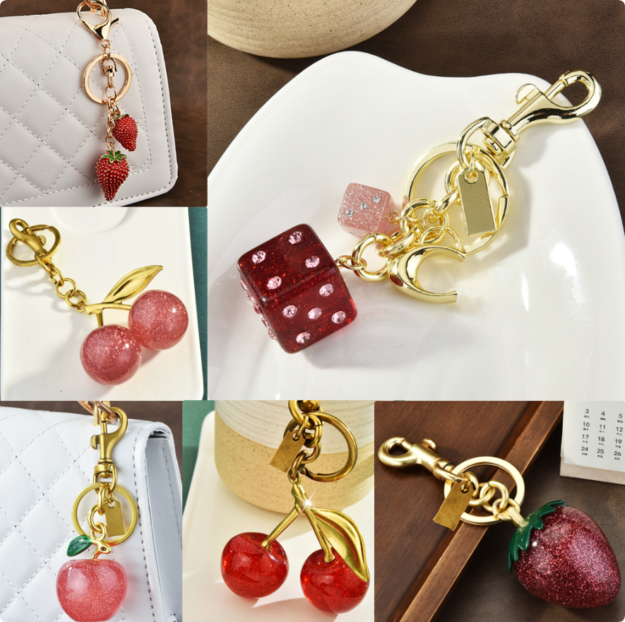 Charm Women Letter Designer Keychain Cherry Keychain Bag Charm Decoration Accessory Key Rings Cherry Resin Lanyards