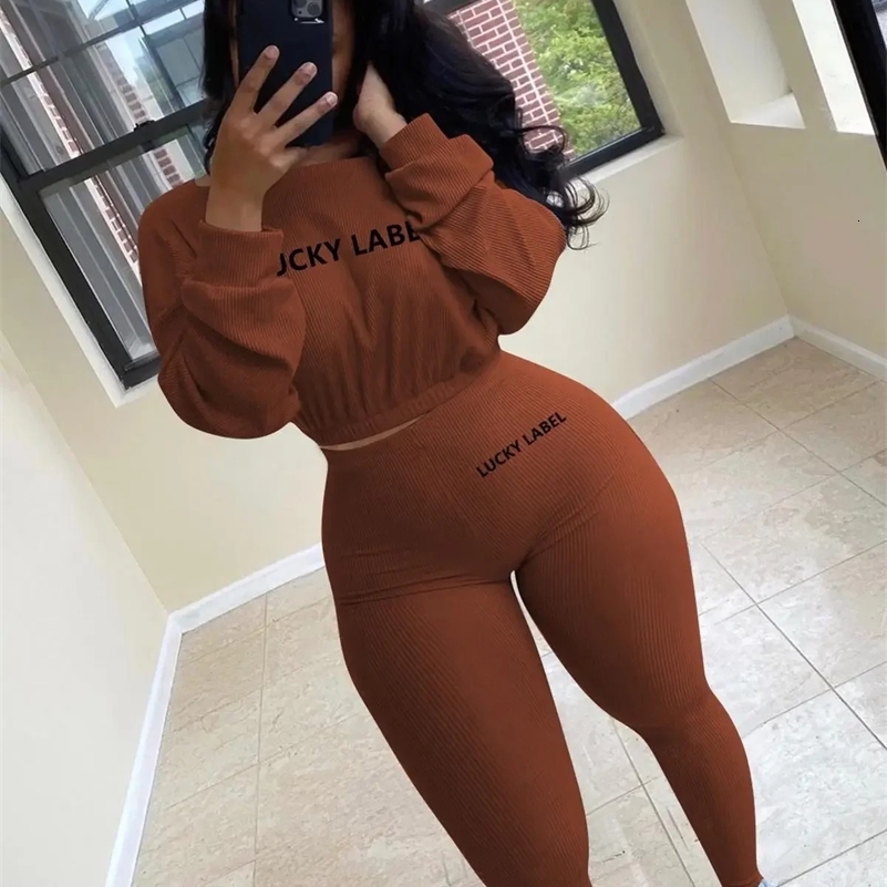Fashion Summer Solid Lucky Label Letter Embroidery Two Piece Sets Women SweatshirtLeggings Casual Sporty Tracksuits Female 250305
