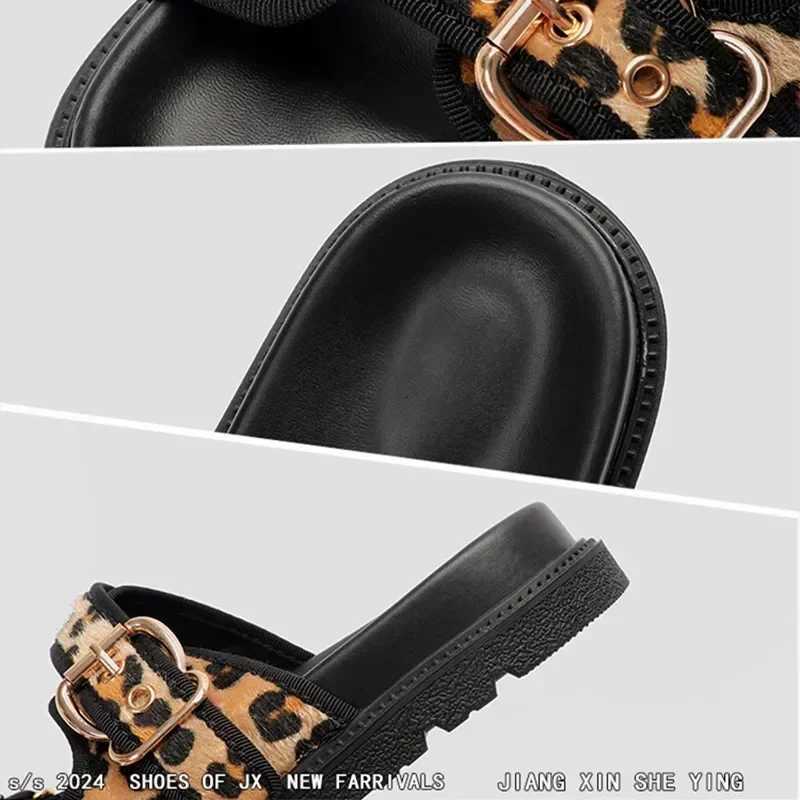 High Quality Leopard Metal Buckle Design Wen Slippers Sexy Cfort N Slip Slide Sandals Summer Size 43 Platform Flip Flops Y250306