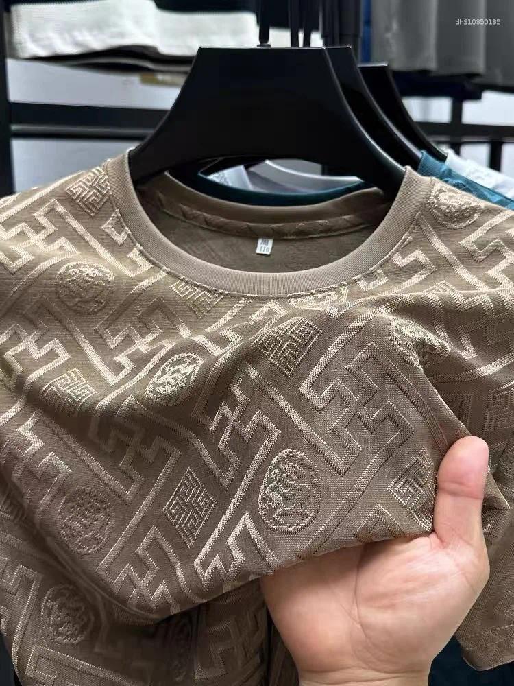 Men's T Shirts High End Brand Fashion Printed Short Sleeve T-shirt Men Summer Ice Silk Plaid Round Neck Casual Breathable Top