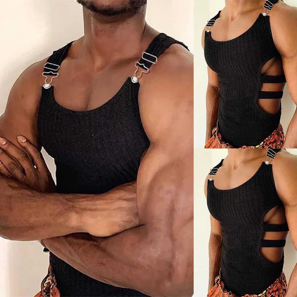 Sexy Cutout Mens Sleeveless Knitted Slim Crop Tops Adjustable Vests Erotic Sweatshirt Hollow Tank T Shirt Muscle Suspender VestT250318
