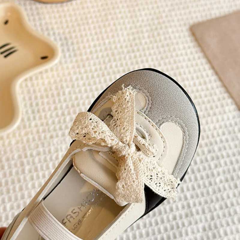 Spring Autumn Lace Bow Kids Flats Shoes PU Shallow Sport Fashion Shoes For Girls Elastic Band Soft Bottom Children Ballet FlatsT250306