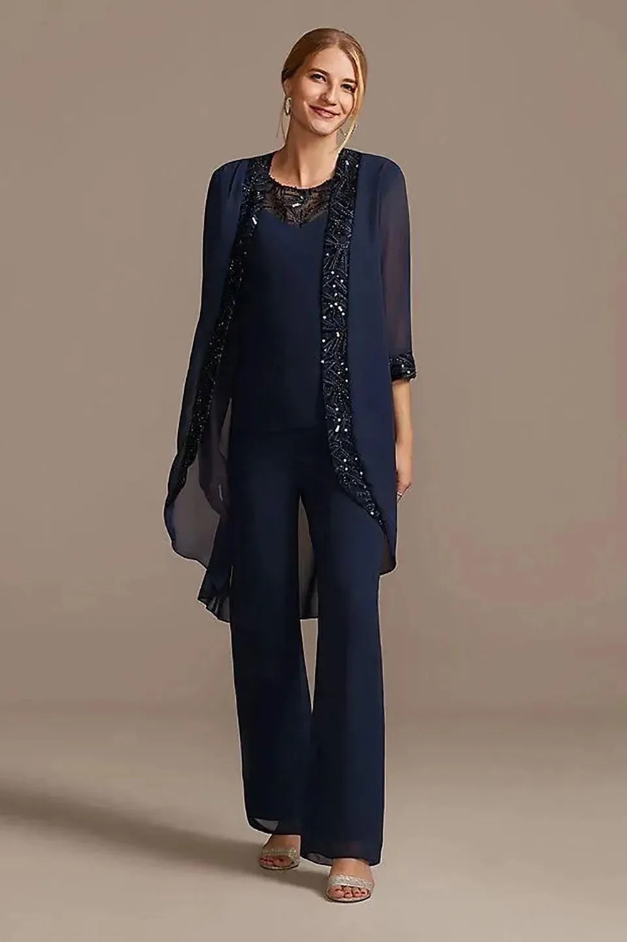 3 Pieces Dark Navy Chiffo Mother Of The Bride Pats Suits With Jacket Sequis Beaded Simple Weddig Guest Dress Log Sleeves Elegat Groom Mom Formal Party