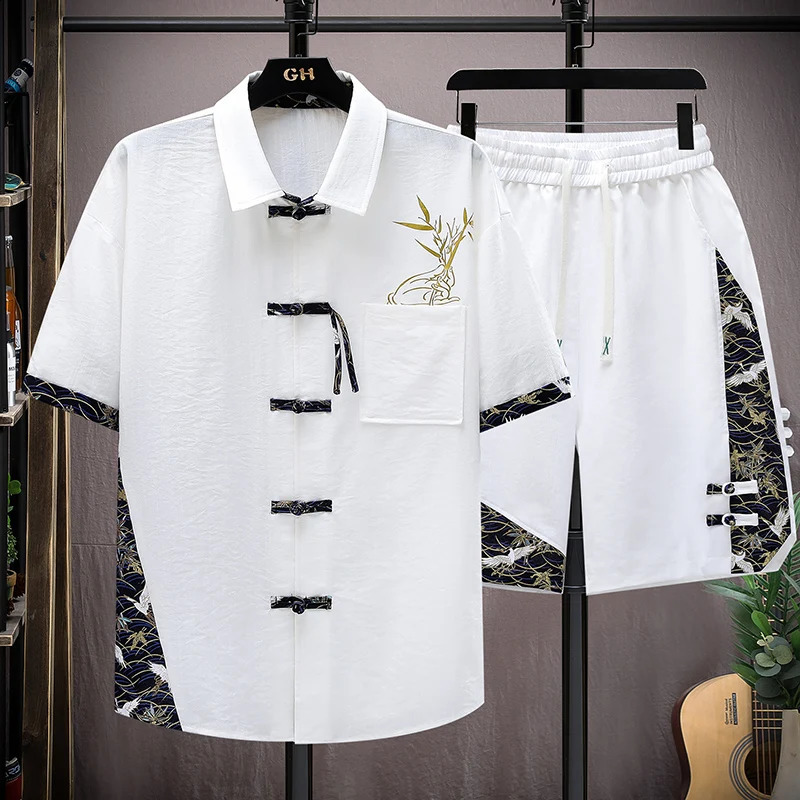 Summer Sets Men Fashion Print Short Sleeved Shirt Shorts Twopiece Chinese style Loose Set Mens 250305