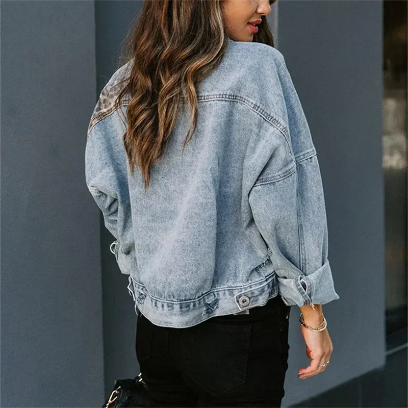 Fashion Print Denim Jacket Women Autumn Winter Long Sleeve Outerwear Female Singlebreasted Cardigan Lapel Coat Trend Streetwear 250306