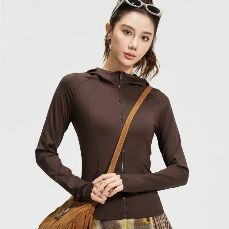 #3432 Black Blue Beige Brown Hooded Jacket Women Slim High Stretch Thin Short Zipper Tight Outerwear Coat Spring Summer 250306