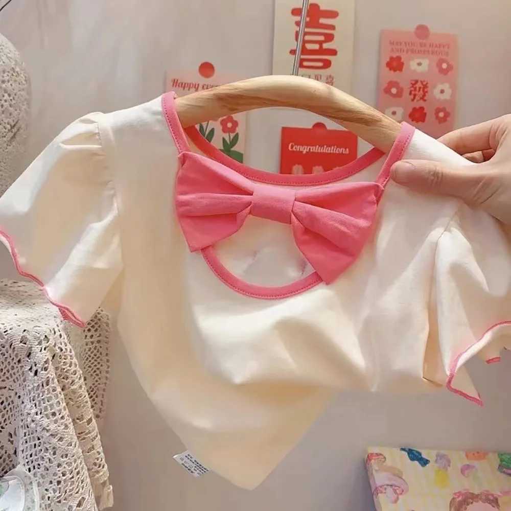 Summer Baby Girls Floral T-shirts Korea Style Bow Puffy Sleeve O-Neck Shirts Kids Girl Tops Children Clothes Tees 1-6Years OldT250306