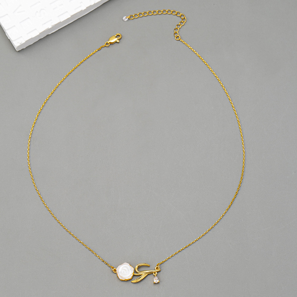 Camellia Pendant Brass Plated Shell Flower Necklace Collar For Women
