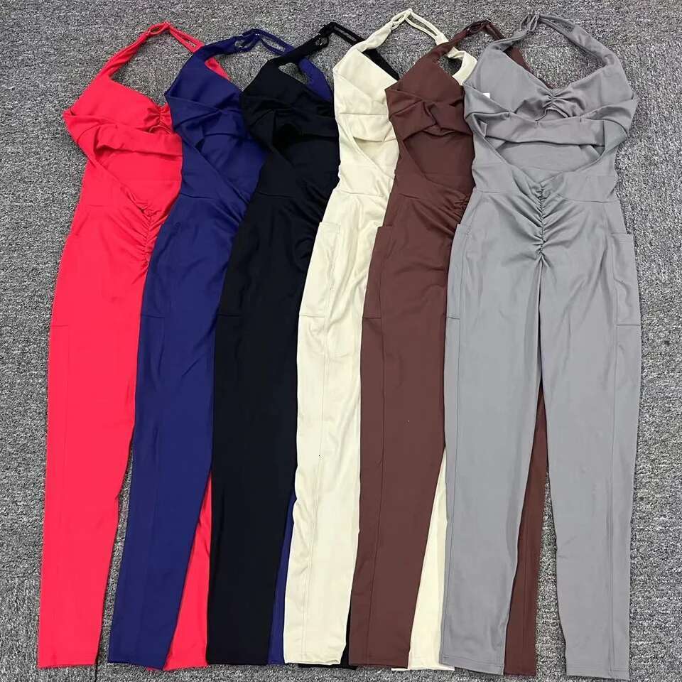 Pad Push Up Sports Pocket Yoga Set Women Sportswear One Piece Jumpsuit Gym Workout Legging Backless Scrunch Fiess Active Suit KLMY