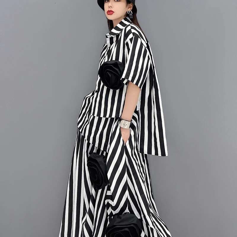 Korean Style Tie Wers Decorated Loose Fit Two Pieces Set Woman Summer Oversized Striped Blouse Shirt And Skirt Outfit Jjse016