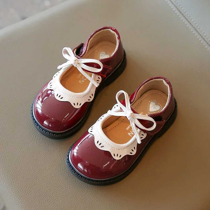 Girls Princess Shoes Wine Red Black Ruffles Elegant Patent Leather Bowknot Children Flat Shoes 21-35 Toddler Kids Single ShoeT250306