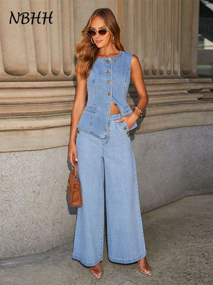 Vintage Denim Pants 2 Piece Sets For Women O-Neck Sleeveless Single Breasted Tank Vest Wide Leg Trouser 2025 Spring Lady Outfits