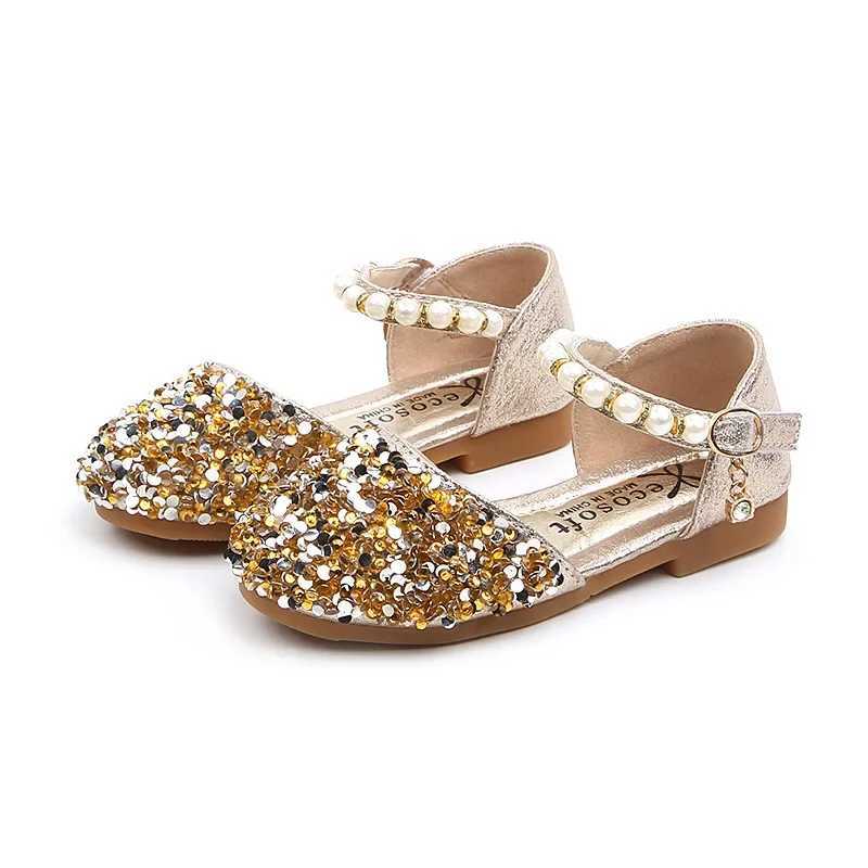 Summer Girls Shoes Bead Mary Janes Flats Fling Princess Shoes Baby Dance Shoes Kids Sandals Children Wedding Shoes GoldT250306