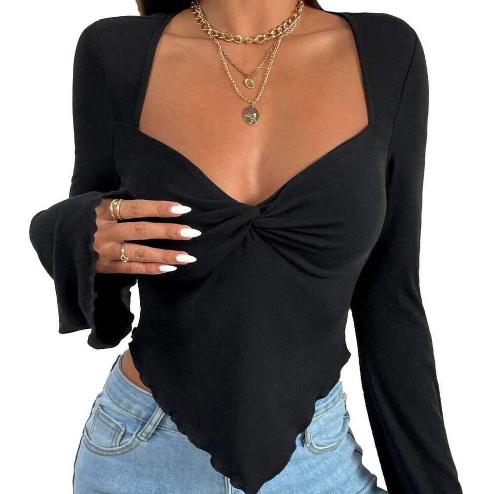 Women's Vacation V-Neck Flare Sleeve Waistband Irregular Knitted Long Sleeved T-Shirt Top KLMY