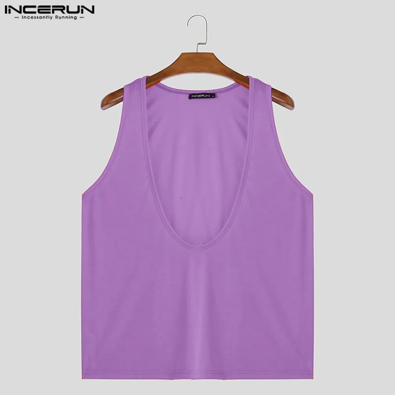 INCERUN Tops 2024 Korean Style Mens Fashion Solid Simple Vests Casual Streetwear Male Sports U-shaped Sleeveless Tank Tops S-5XL 250306