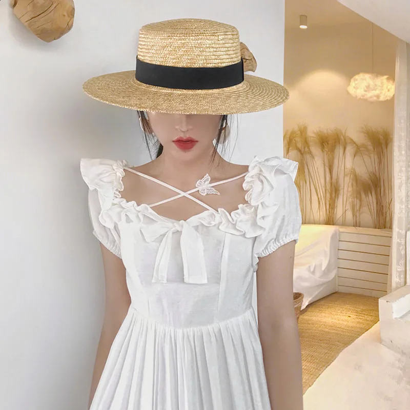 Summer Female Natural Stiff Wheat Straw Boater Fedora Top Flat Hat Women Beach Brim Cap RAFFIA Sun Hat for Women Jazz Panama 250303